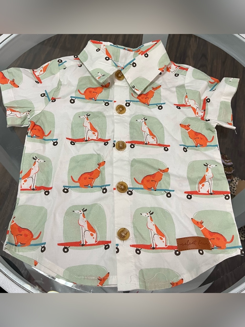 Kids White Button-Down Shirt with Orange Dog Skate Print